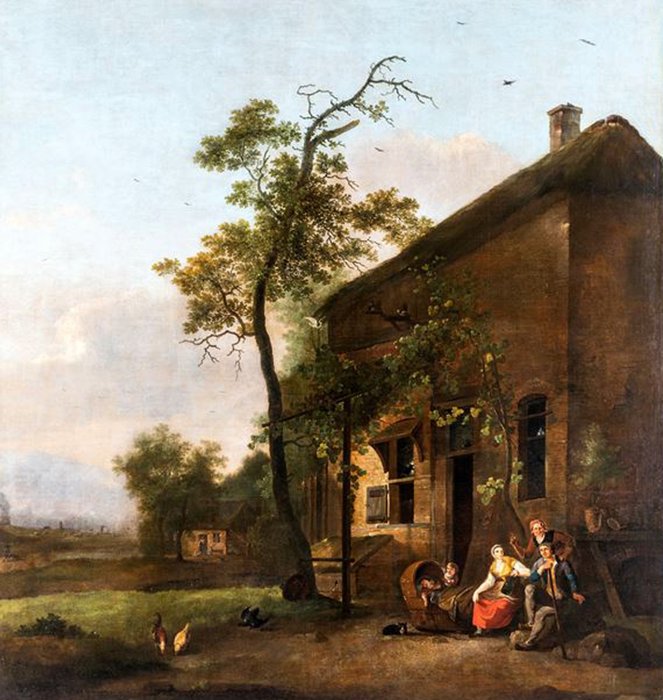 Scuola fiamminga (XVIII) - Veduta di villaggio con personaggi, costruzioni ed animali