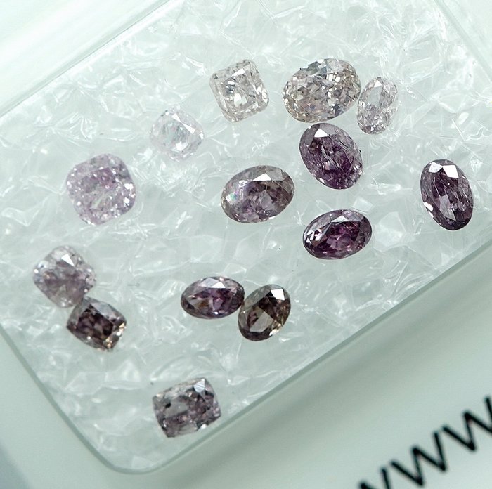 14 pcs Diamanten - 0.97 ct - Kissen, Oval - Fancy Pink Purple - Si - I2