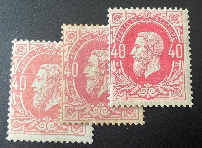 Bélgica 1870 - Efígie Leopold II 40c Rosa - 3 nuances diferentes - OBP/COB 34+34a