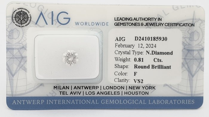 1 pcs 钻石  (天然)  - 0.81 ct - F - VS2 轻微内含二级 - 安特卫普国际宝石实验室（AIG以色列）