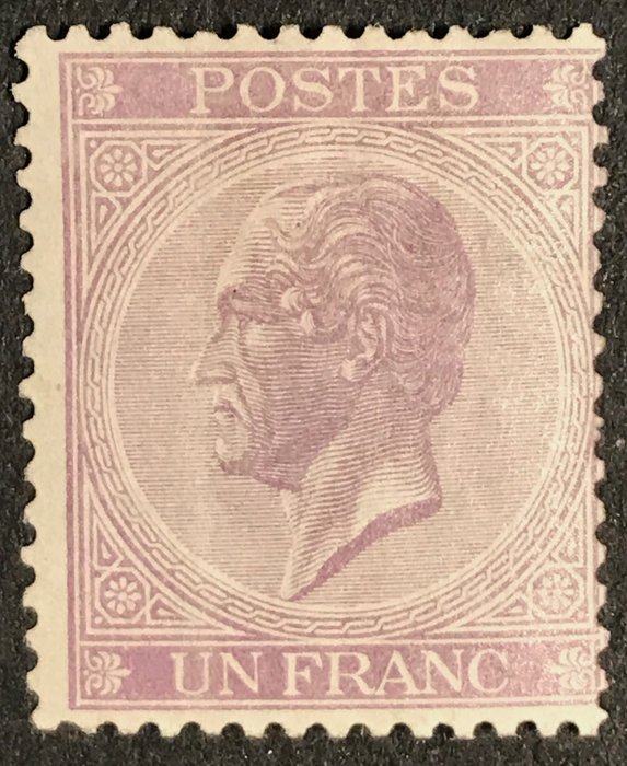 Bélgica 1865 - Leopoldo I de perfil izquierdo: 1F Lila - Perforación 14 - OBP/COB 21B - Londense druk