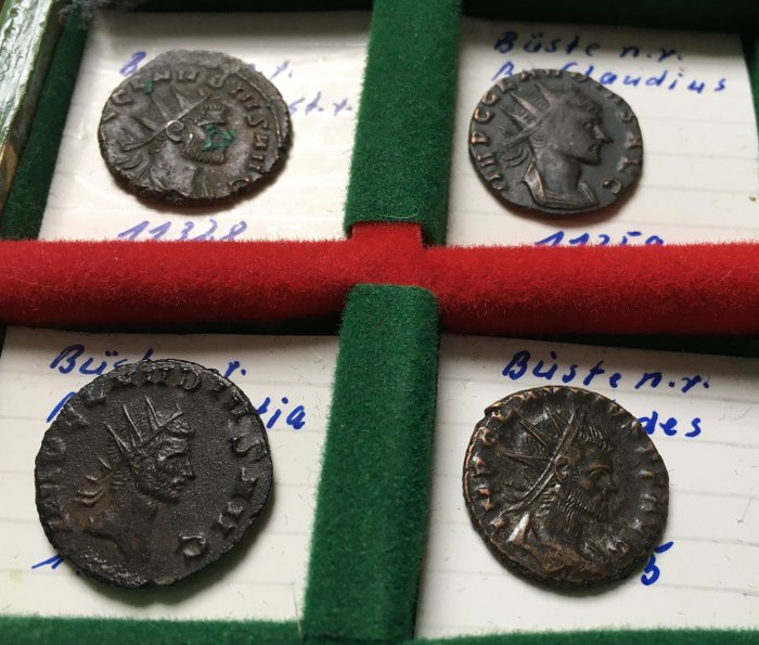 Romarriket. Claudius Gothicus (AD 268-270). Antoninianus group of 4 antoniniani in good quality, from old German collection with collector's tickets