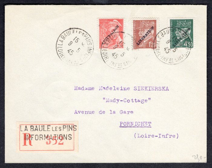 法國 1945 - 來自聖納澤爾口袋的字母 R，3 枚郵票上的“解放”套印。高超 - Mayer