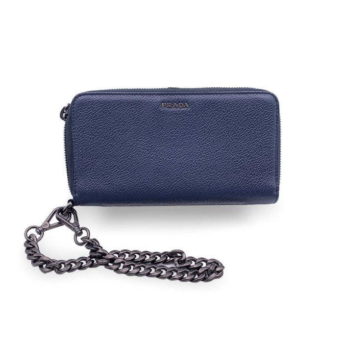 Prada - Blue Leather Wallet On Chain WOC Wristlet Zippy Wallet - Lompakko