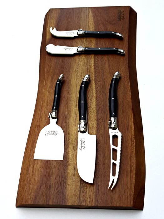 Laguiole - 5x Cheese knives - Wood Serving Board - Acacia Wood - Black - style de - Bordkniv-sett (6) - Stål (rustfritt stål), Akasietre