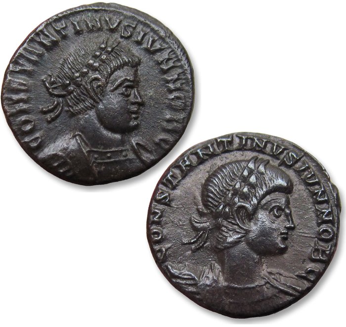 羅馬帝國. Constantine II as Caesar. Follis Group of 2x folles: Lyon mint ((pellet in crescent) PLG) + Trier mint (wreath + TRS) circa 330-335