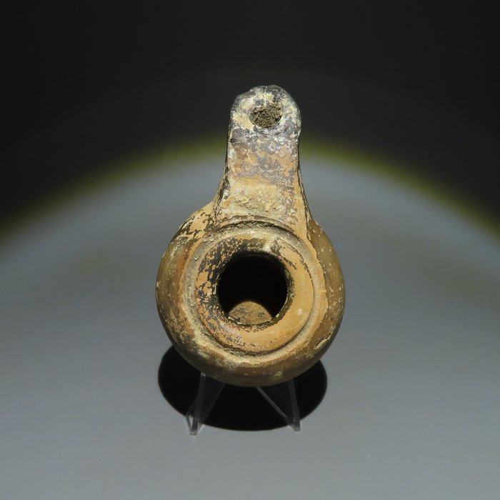 Grecia Antică TeracotÄƒ Lampă cu ulei. secolele III-II î.Hr. 10,5 cm lungime.