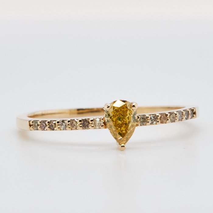 No Reserve Price - 0.39 tcw - Fancy Intense Yellow - 14 kt Gult guld - Ring Diamant