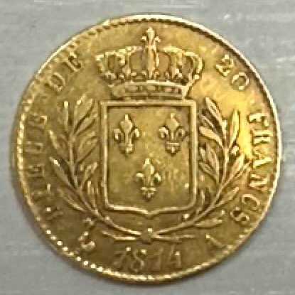 20 Francs  1814 A Louis XVIII, TTB/Superbe, 6,45 g d'or .900