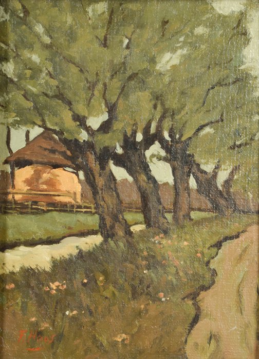 Frans Hoos (1884-1965) - Landweggetje met knotwilgen en hooimijt