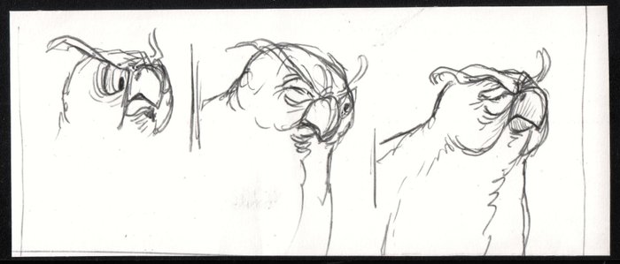 Dulieu, Jean - 1 Original preliminary drawing - Paulus de Boskabouter - 3 mimiek-studies van de uil Oehoeboeroe