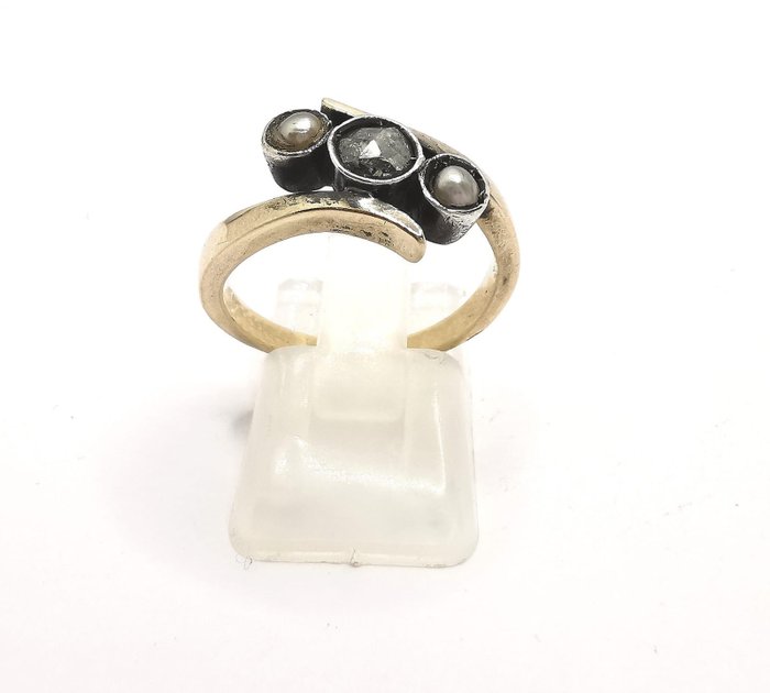 Ingen reservasjonspris - Ring Gull Diamant  (Naturlig) - Perle
