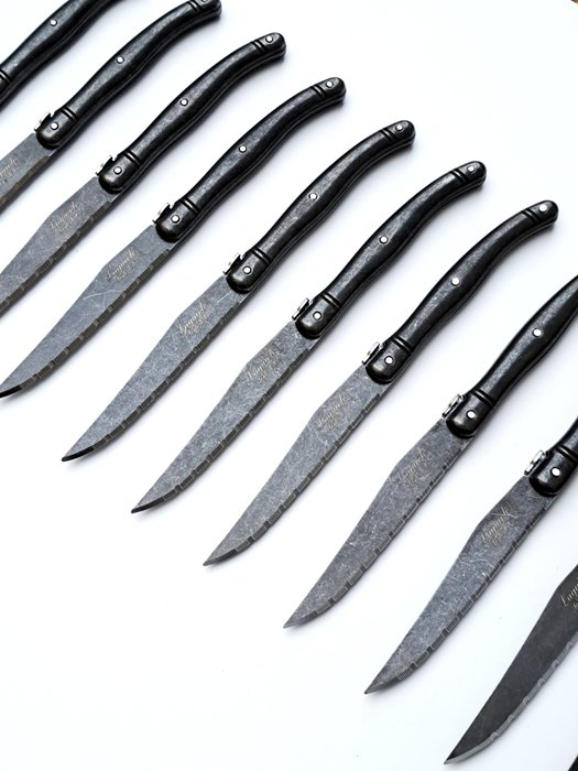 Laguiole - 12x Steak Knives - Black Stonewash - style de - 餐刀套裝 (12) - 鋼（不銹鋼）