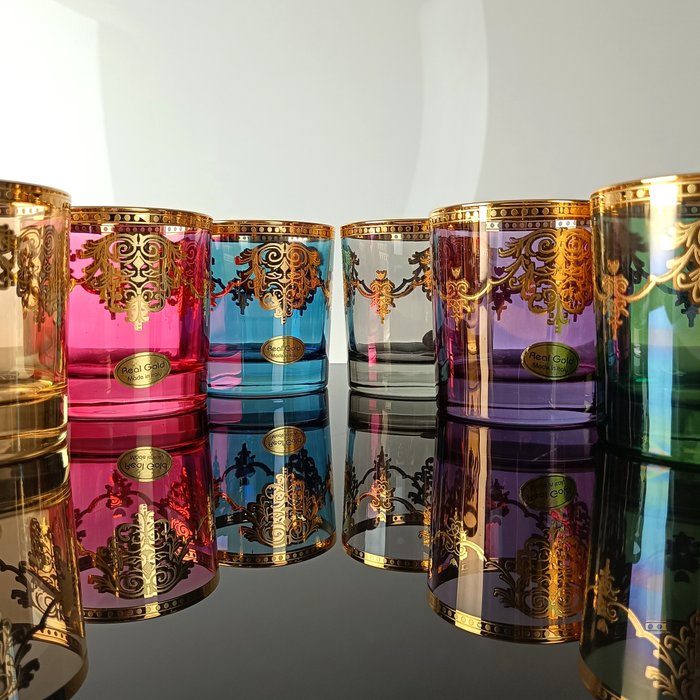 SECOLOVENTESIMO - 6 darabos pohár szett (6) - Régi divat ivás embléma - Arany, Üveg, Zománc