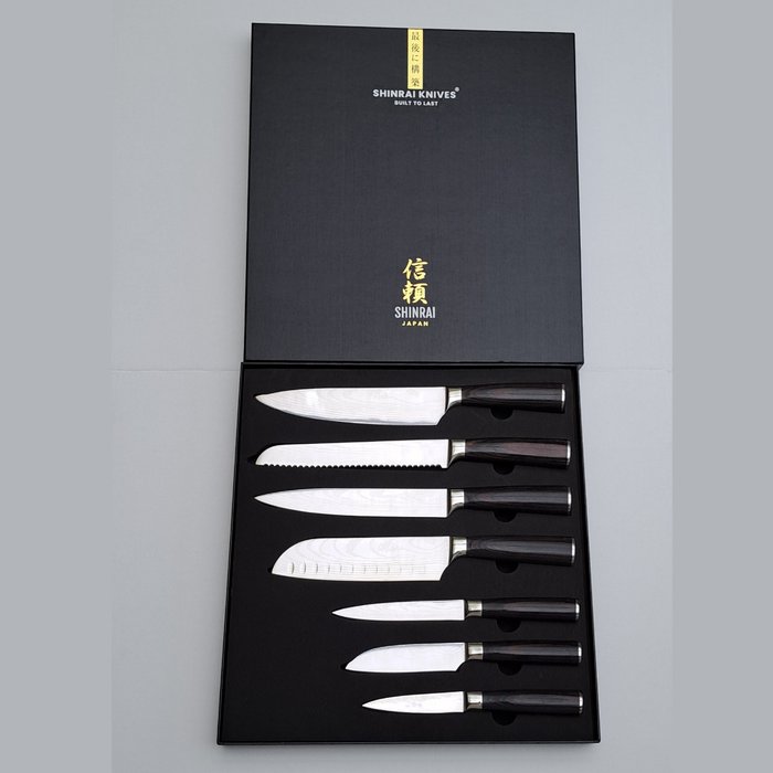 Shinrai Japan™ - 7 Piece professional knives set - Stainless Steel - Damascus - Keukenmes - Staal (roestvrij) - Japan