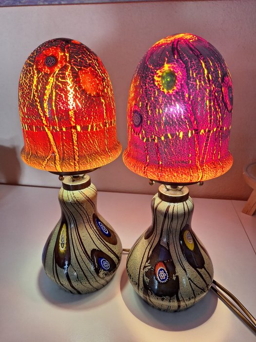 Unbekannter Hersteller - Lampka nocna stołowa (2) - Lampa grzybkowa Millefiori z elementami z mosiądzu - Ceramika, Szkło