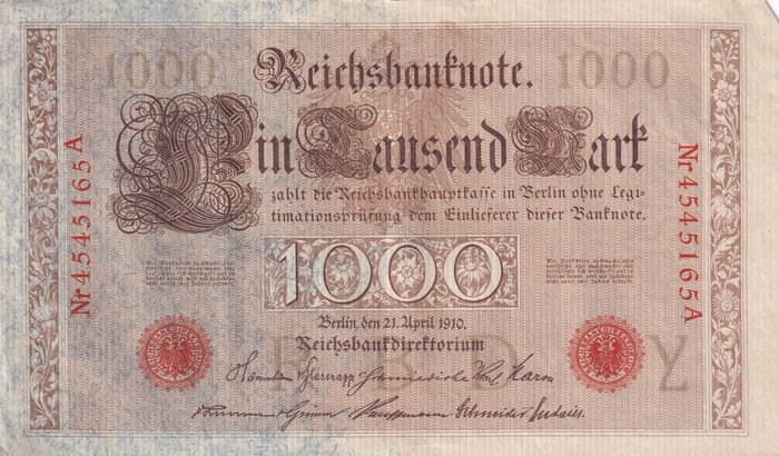 德國. 110 x 1000  Mark Reichsbanknote Mark 1910 - Pick 44