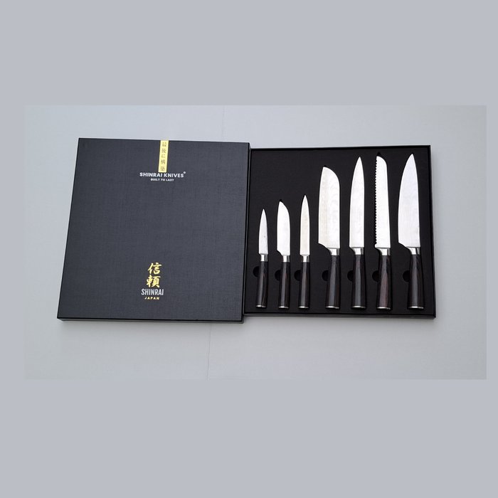 Shinrai Japan™ - 7 Piece professional knives set - Stainless Steel - Damascus print - Nóż kuchenny - Stal (nierdzewna) - Japonia