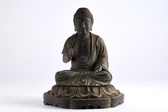 Amitabha Buddha 阿弥陀如来 Seated Statue with Wooden Box - Tre - Japan - Edo-perioden (1600-1868)
