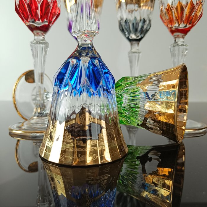 Secoloventesimo - 6 人用酒具組 (6) - Prisma Arlequin Gold liquor - .999 (24 kt) 黃金, 水晶, 瑪瑙