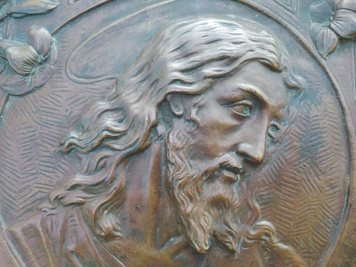 Keresztény tárgyak - Krisztus arcát ábrázoló öntvény (1) - Szecesszió - Fémfúzió - 1910-1920