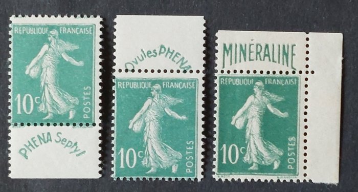 Franciaország 1924/26 - Teljes fenékvető, 10 ek. zöld, a 3 bélyegből álló sorozat - Yvert 188, 188A et 188B