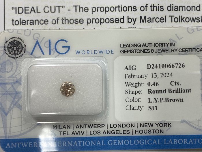 1 pcs 钻石 - 0.46 ct - 圆形 - Light  yellowish pinkish brown - SI1 微内含一级, No reserve price