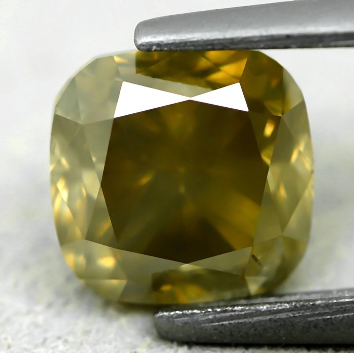 Diament - 1.76 ct - poduszkowy - Natural Fancy Grayish Greenish Yellow - I1 (z inkluzjami)
