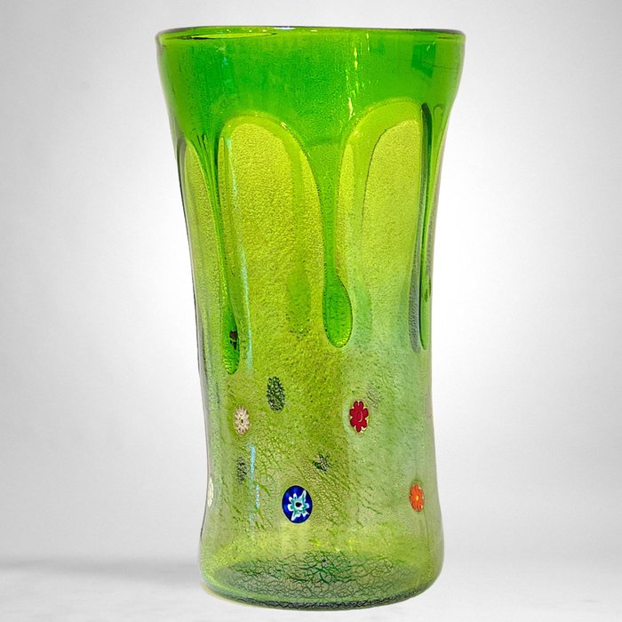 Filippo Maso - Vas -  Vaza verde cu foita de argint si murrine millefiori  - Sticlă