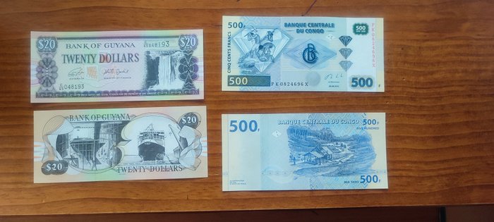 Welt. - Congo 50 x 500 francs and Guayana 50 x 20 Dollars - various dates