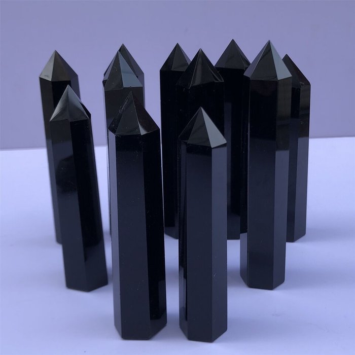 Luonnollinen Obsidian Point Quartz Crystal Wand obeliski Kiillotettu - Korkeus: 75 mm - Leveys: 20 mm- 1000 g - (10)