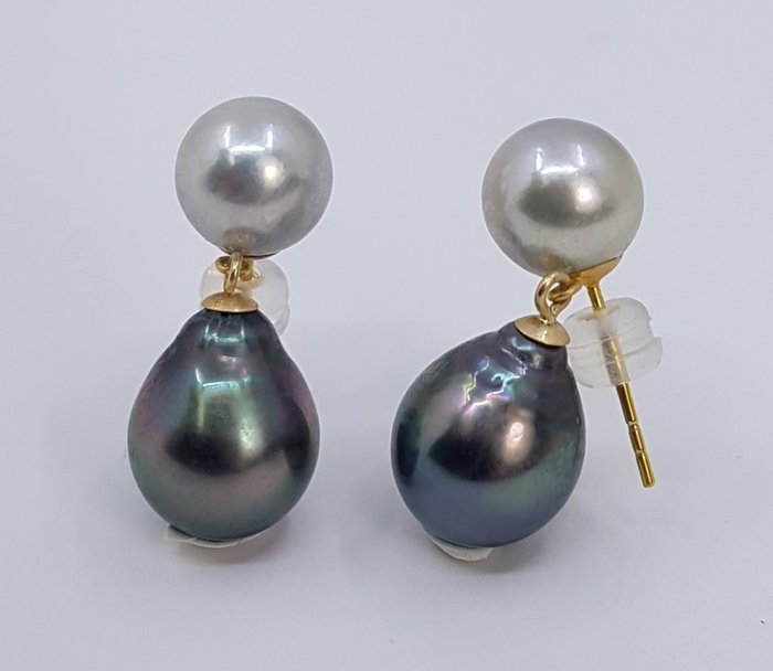 No Reserve Price - 8.5x9.5mm Tahitian and Akoya Pearls Earrings - Yellow gold 