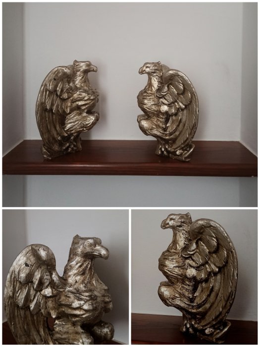 sculptuur, "Coppia di aquile imperiali" - Foglia d'argento - XIX secolo - 29 cm - Hout