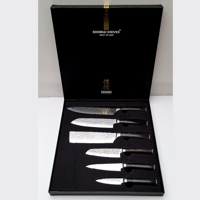Shinrai Japan™ - 6 Piece professional knives set - Hammered Steel - Pakka Wood - Küchenmesser - Stahl (rostfrei) - Japan