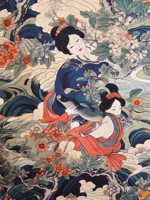 Sjeldent orientalsk art nouveau-stoff med geisha - 300x280 cm - orientalsk design - Tekstil  - 300 cm - 280 cm