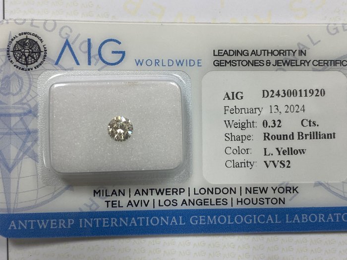1 pcs 钻石 - 0.32 ct - 圆形 - Light yellow - VVS2 极轻微内含二级, No reserve price