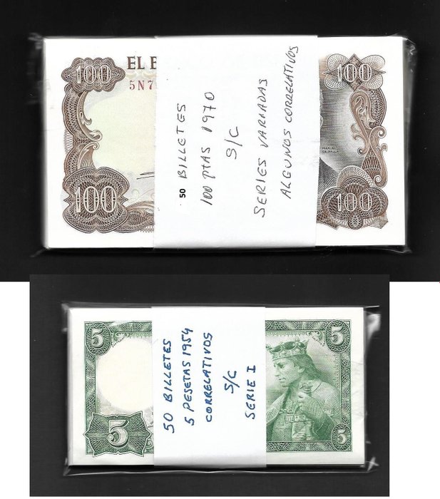 Spanien. - 50 x 5 , and   50 X 100 Pesetas 1954-1970