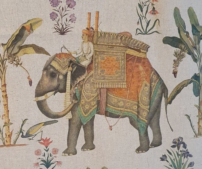 Sällsynt indiskt tyg med majestätiska elefanter i linneeffekt! - 300x280 cm - Artmaison indisk - Textil - 280 cm - 0.02 cm