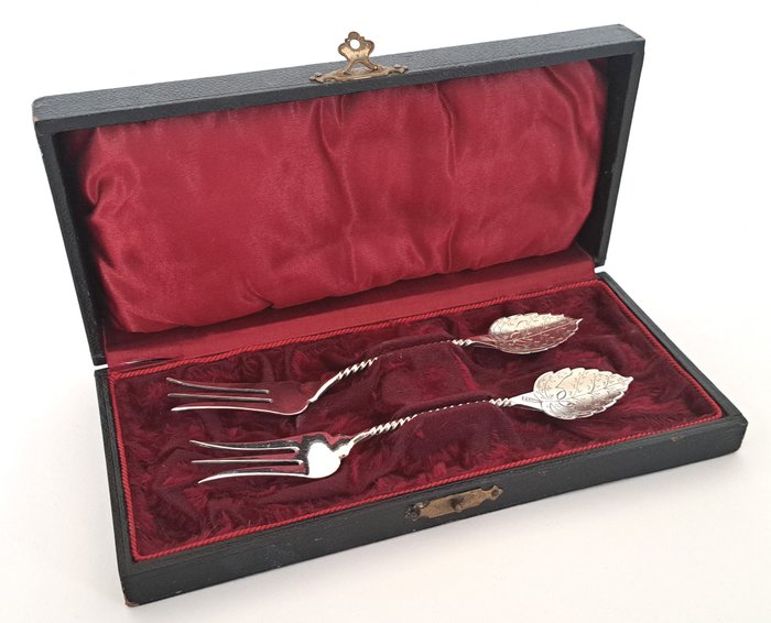 Frank Pluut - Fourchette (2) - Ensemble de fourchettes à cornichons antiques en argent dans leur étui d'origine, vers 1910 - Argent 833