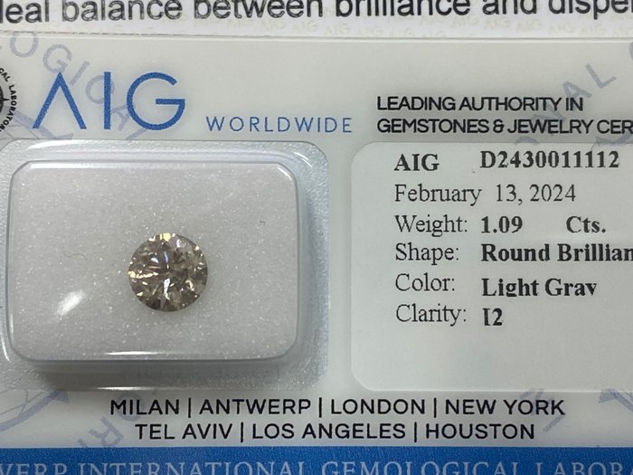 1 pcs 钻石 - 1.09 ct - 圆形 - Light gray - I2 内含二级, No reserve price
