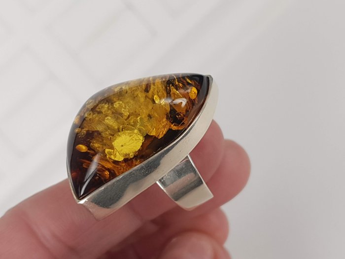 银, 大戒指 Ø20.5 毫米天然波罗的海琥珀纯银 - 戒指