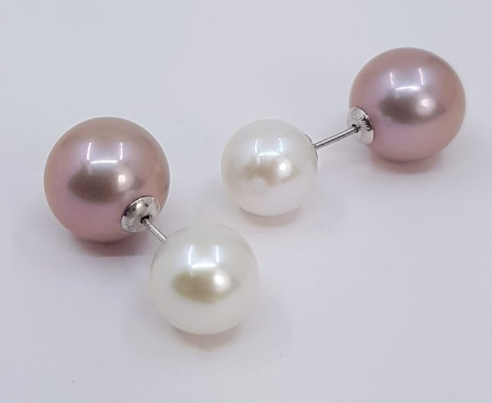 8.5x10.5mm White and Pink Edison Pearls Øredobber - Hvitt gull 