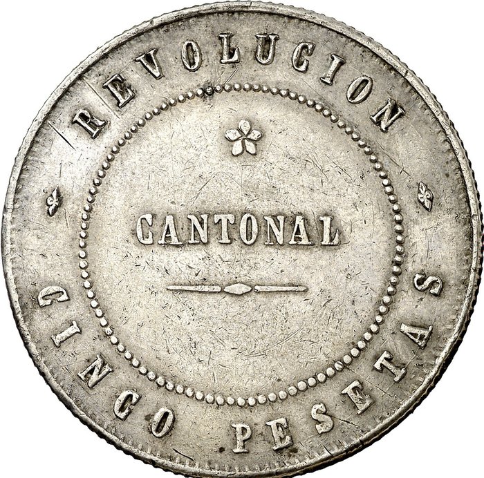 Espanha. First Spanish Republic (1873-1874). 5 Pesetas 1873. Revolución Cantonal. Cartagena