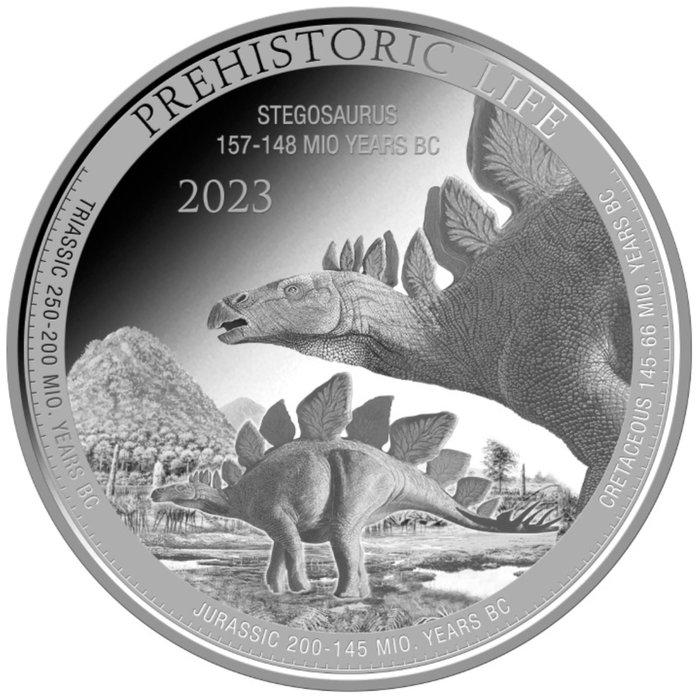 Kongo. 20 Francs 2023 "Stegosaurus - Prehistoric Life", 1 Oz (.999)  (Ohne Mindestpreis)