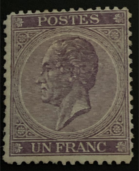 Belgien 1865 - Leopold I i venstre profil: 1F Dark Violet 'RODE KOOL' - OBP/COB 21a - ZELDZAME NUANCE