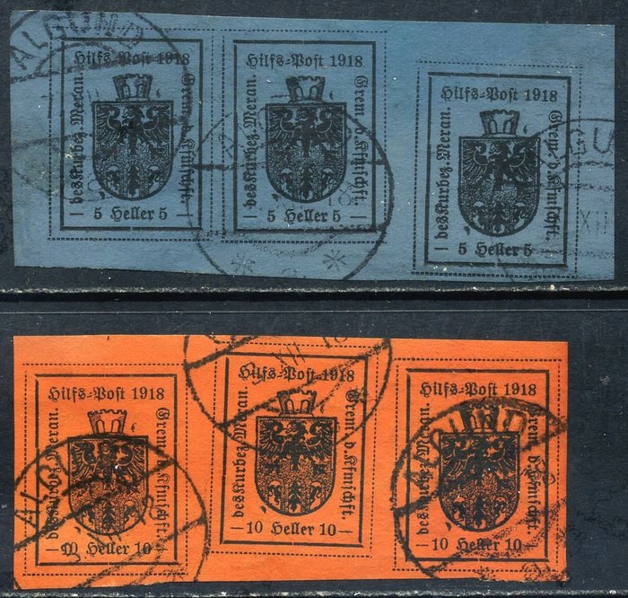 Italia 1918 - Merano 5 heller blue uusia ja käytettyjä + 2 nauhaa epäsymmetrisillä postimerkeillä. - Sassone N. 7, 11, 12