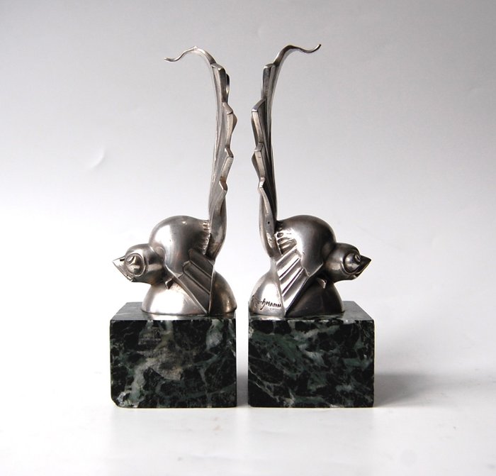 Gaston Rischmann - Serre-livres (2) - Oiseaux cubistes - bronze argenté et marbre
