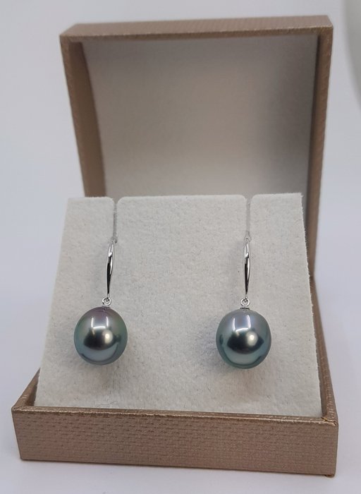 No Reserve Price - 10x11mm Peacock Tahitian Pearl Drops - Earrings White gold 