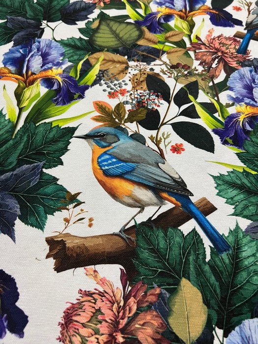 Wyrafinowana tkanina bawełniana w ptaki z motywem kwitnącego drzewa - - Tkanina obiciowa - 600 cm - 140 cm