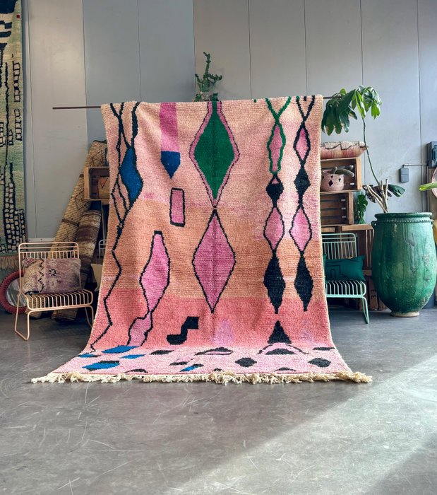 粉色抽象摩洛哥柏柏尔 Boujad 地毯现代地毯 - 凯利姆平织地毯 - 320 cm - 195 cm